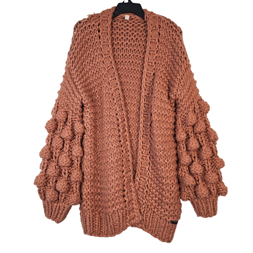 Wishlist Terracotta Rust Chunky Knit Bobble Bubble Sleeve Cardigan‎ Sweater M/L